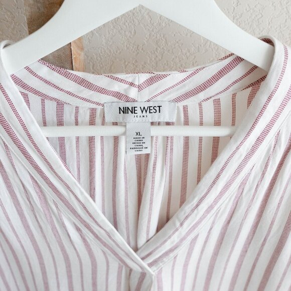 NINE WEST TOP SZ XL RED WHITE TICKING STRIPE 100% VISCOSE VNECK CAP SLEEVE - Picture 2 of 6